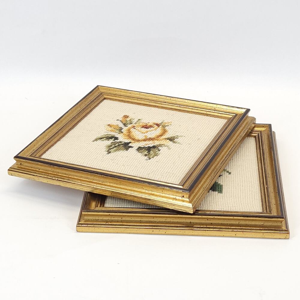 VTG Framed Floral Needlepoint Rose Bouquet Wall Art Cottage Shabby PAIR 8.75" - Picture 8 of 8